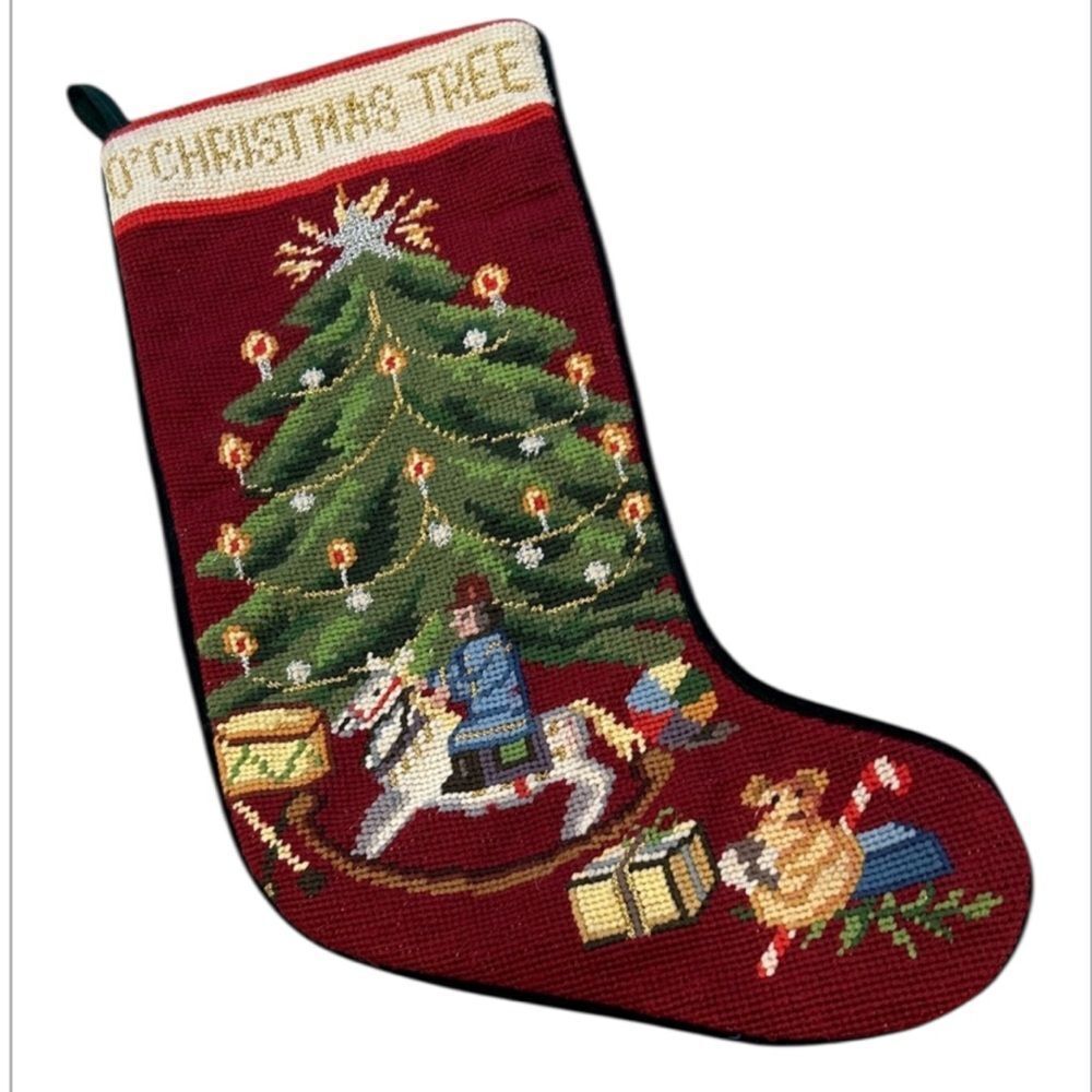Needle point Festive Christmas Tree Stocking with velvet back